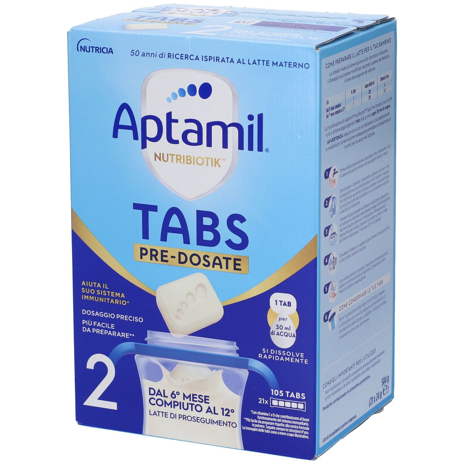 Confezione Aptamil Tabs 2 in Bustine. Blu, con nome del prodotto e immagine dei tabs. Contiene 105 tabs. Testo: « Dal 6° mese compiuto al 12° ».