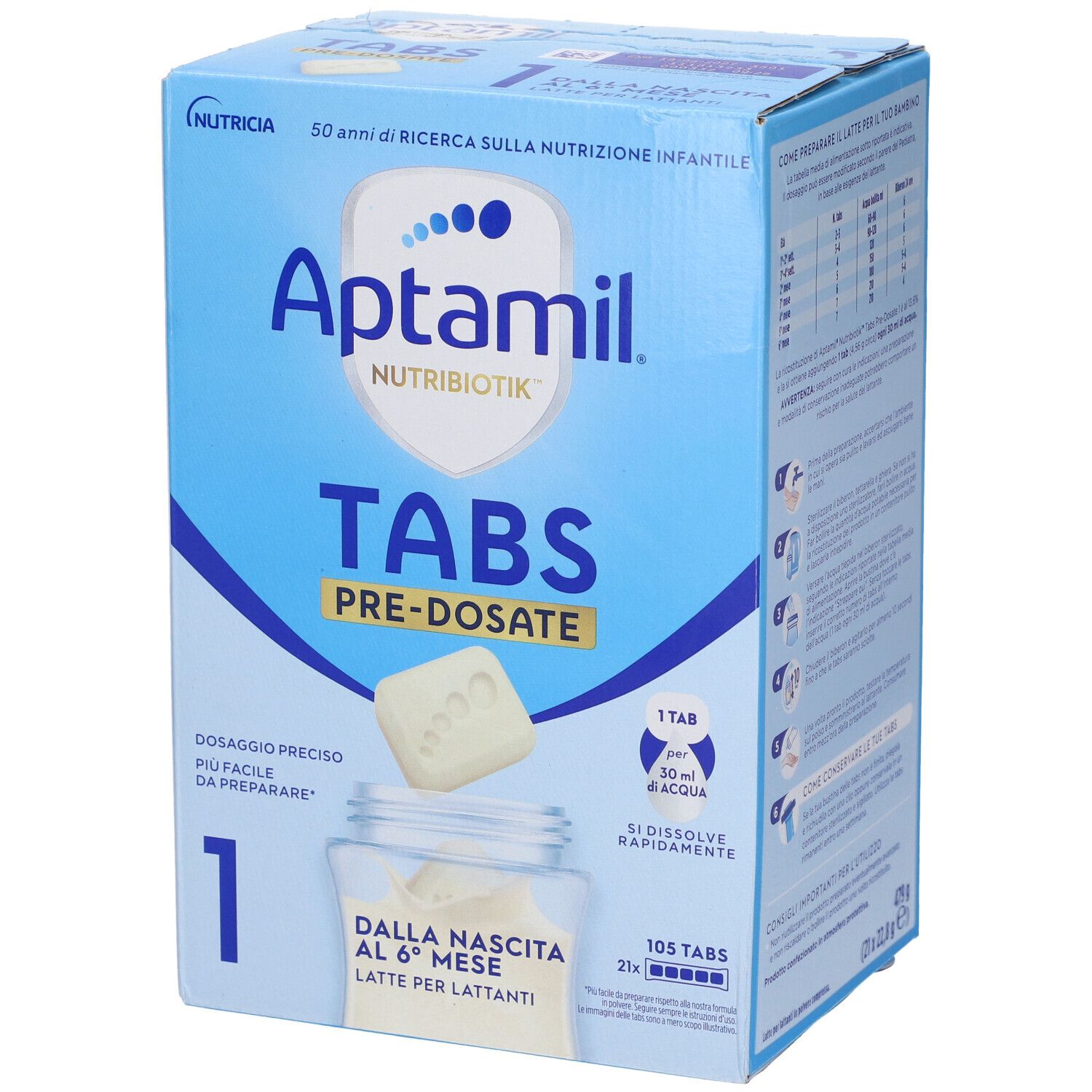 Scatola blu Aptamil Tabs. Scritte: Aptamil, Tabs, 1, Pre-Dosate, 105 Tabs. Raffigurati una pastiglia e un bicchiere.