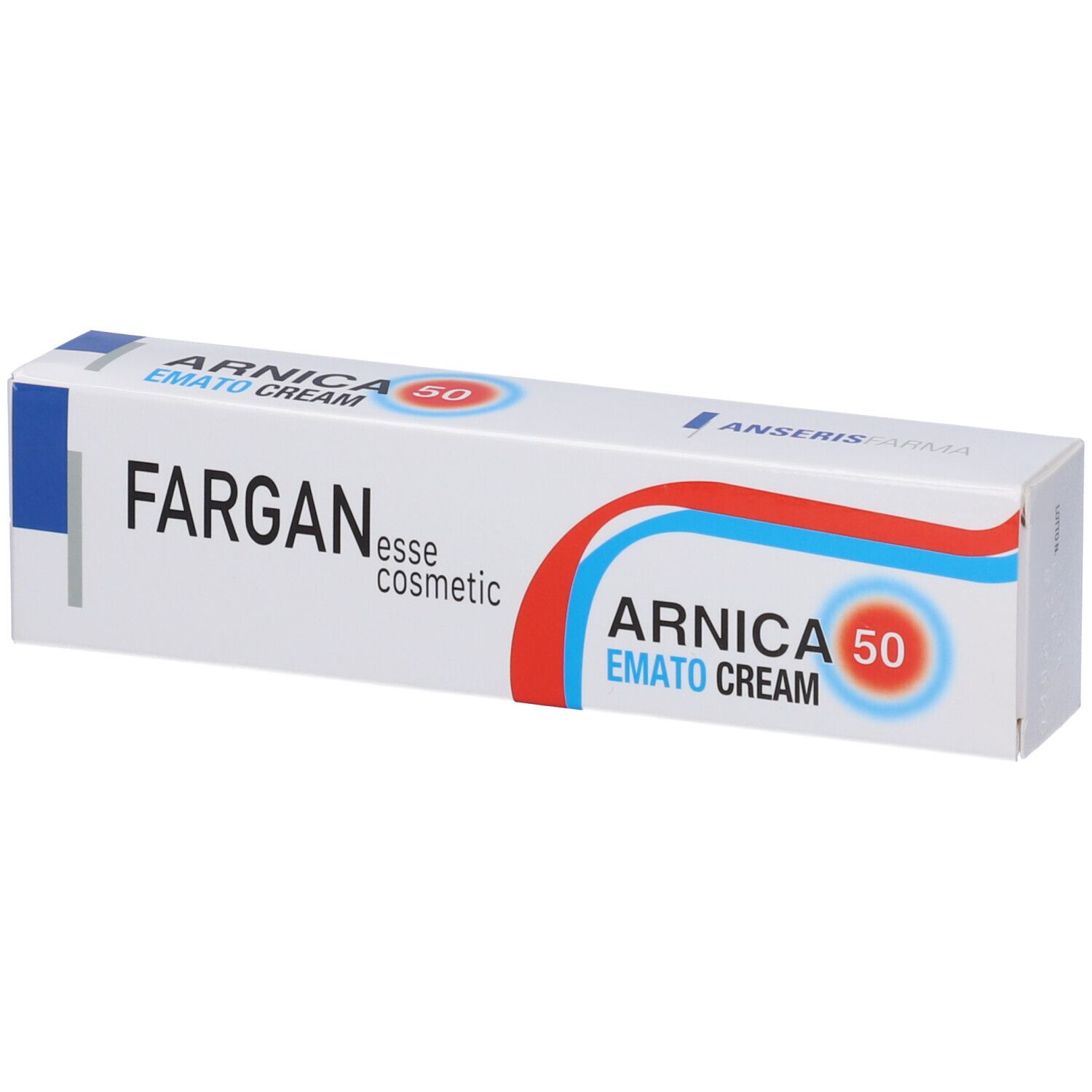 Scatola pieghevole bianca con grafica blu e rossa. Scritta: Fargan, Arnica 50 Emato Cream.