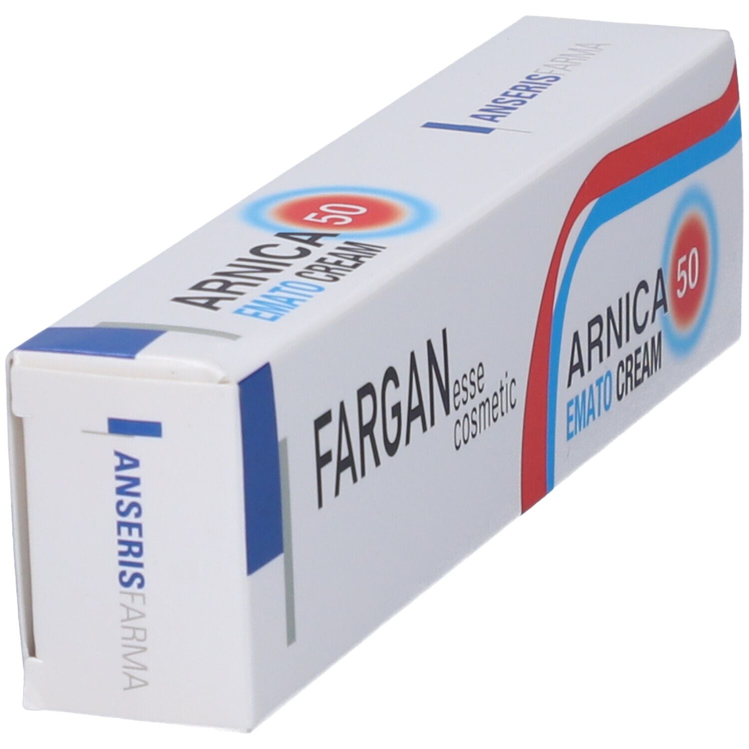Scatola pieghevole obliqua con scritta: Fargan, Arnica 50 Emato Cream. Grafica blu e rossa.