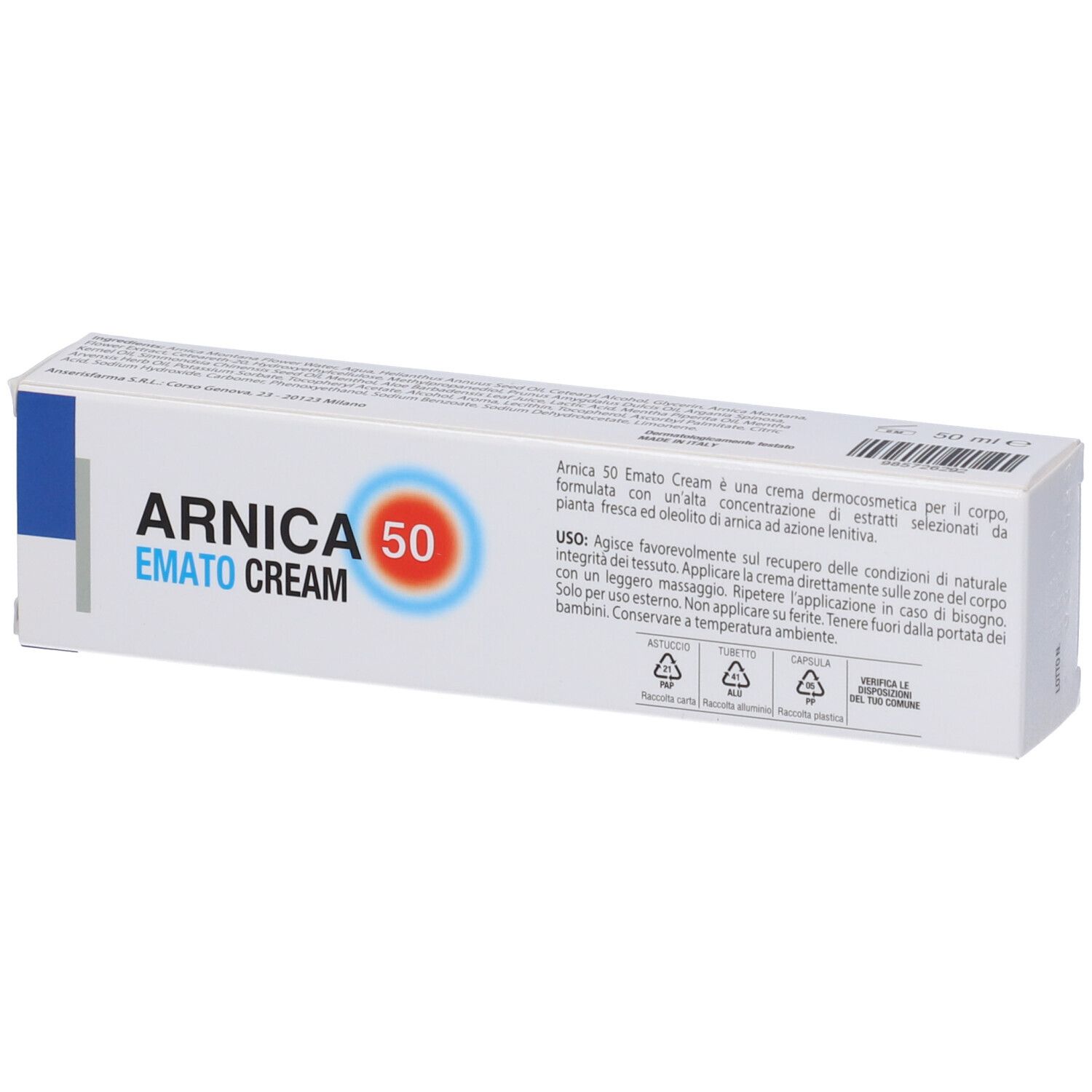 Scatola pieghevole bianca con testo. Scritta: Arnica 50 Emato Cream. Testo in italiano.