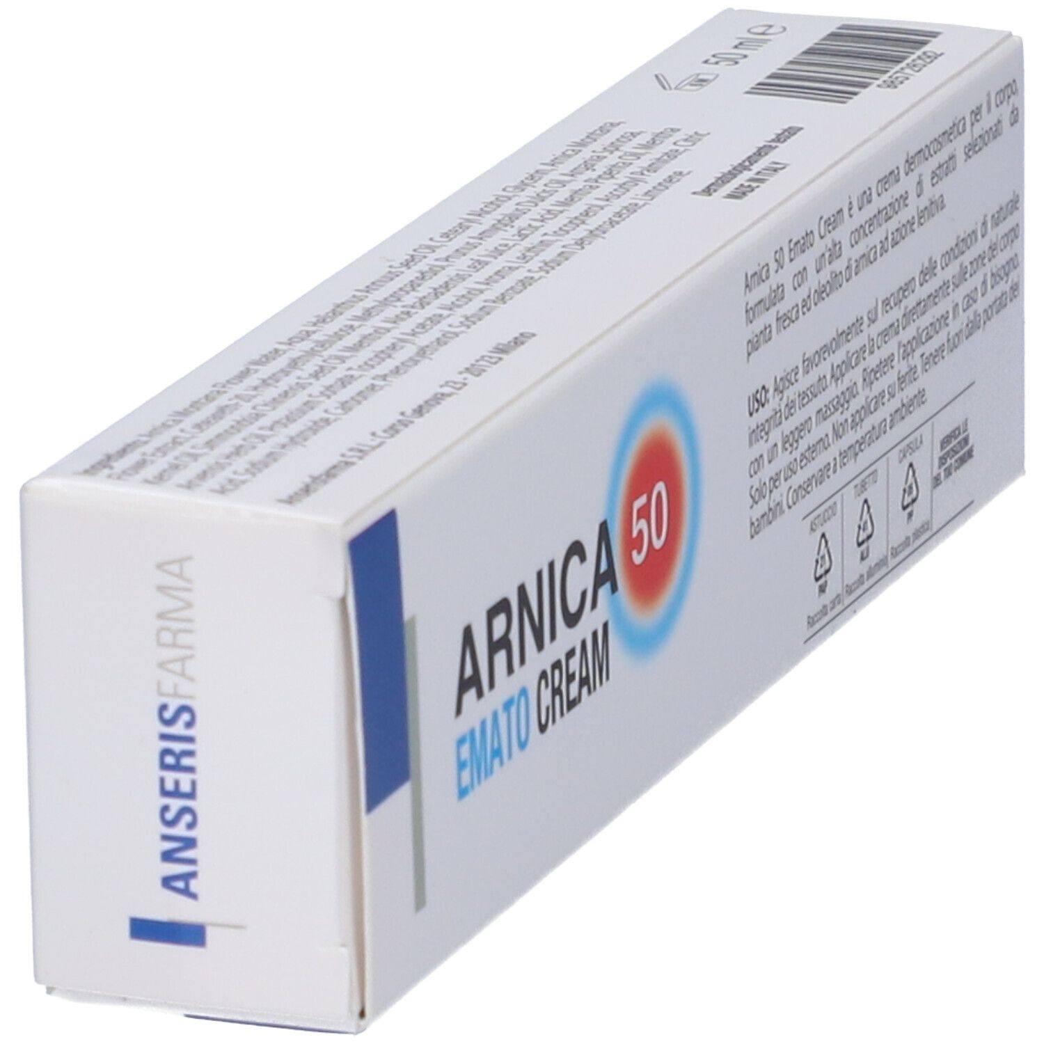 Scatola pieghevole obliqua con scritta: Arnica 50 Emato Cream. Testo in italiano.