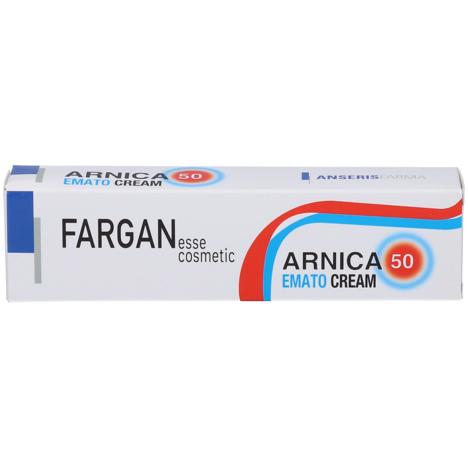Scatola pieghevole bianca con scritta: Fargan, Arnica 50 Emato Cream. Grafica blu e rossa.