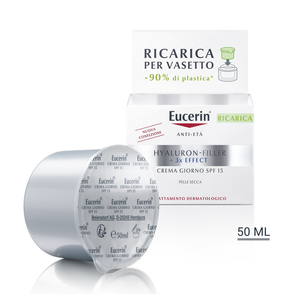 Eucerin® Ricarica Hyaluron-Filler +3x Effect Crema Giorno SPF 15. Vasetto e ricarica. Confezione con -90% di plastica in meno.