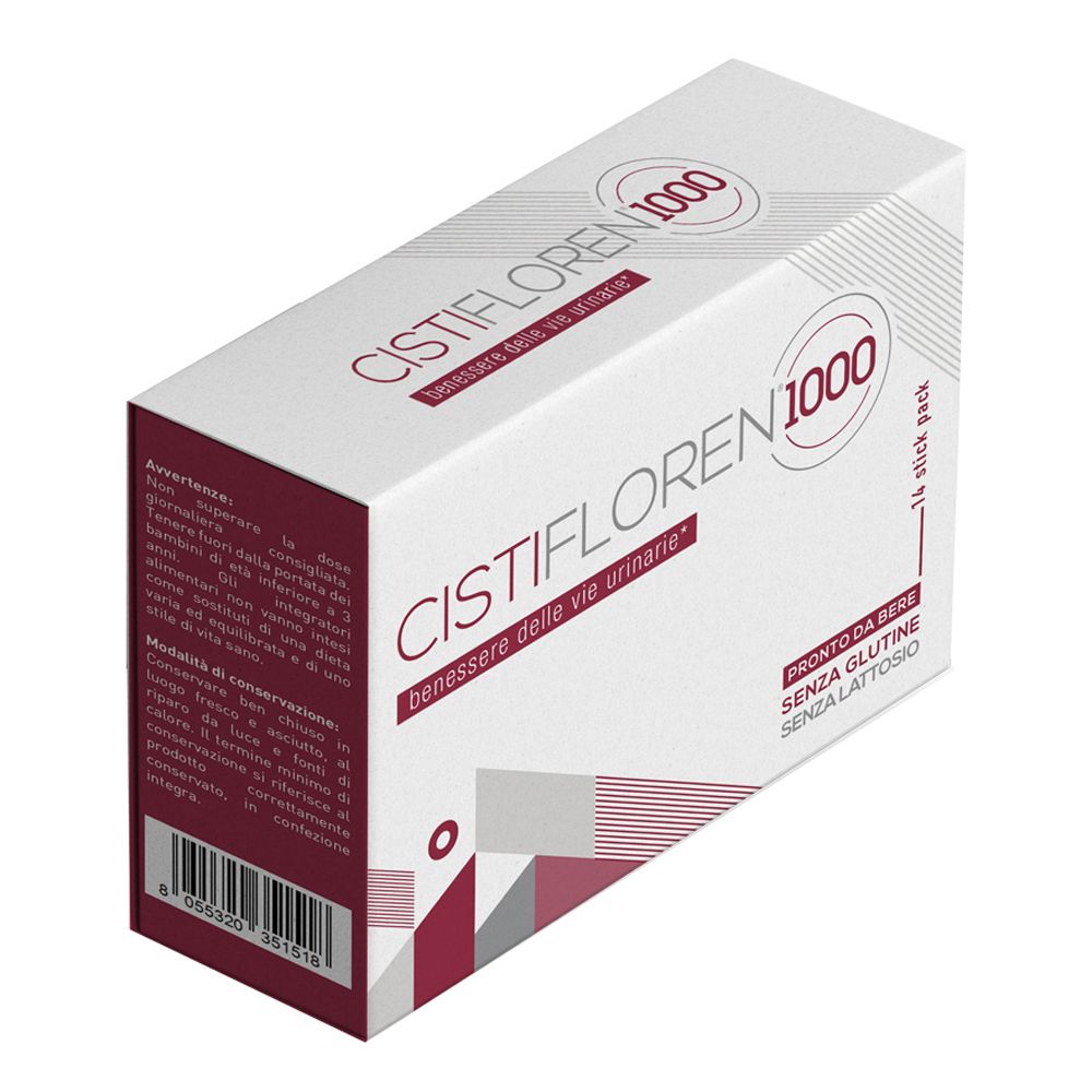 Confezione bianca con grafica rossa e grigia. Scritta: Cistifloren 1000. 14 stick pack. Senza glutine, senza lattosio.