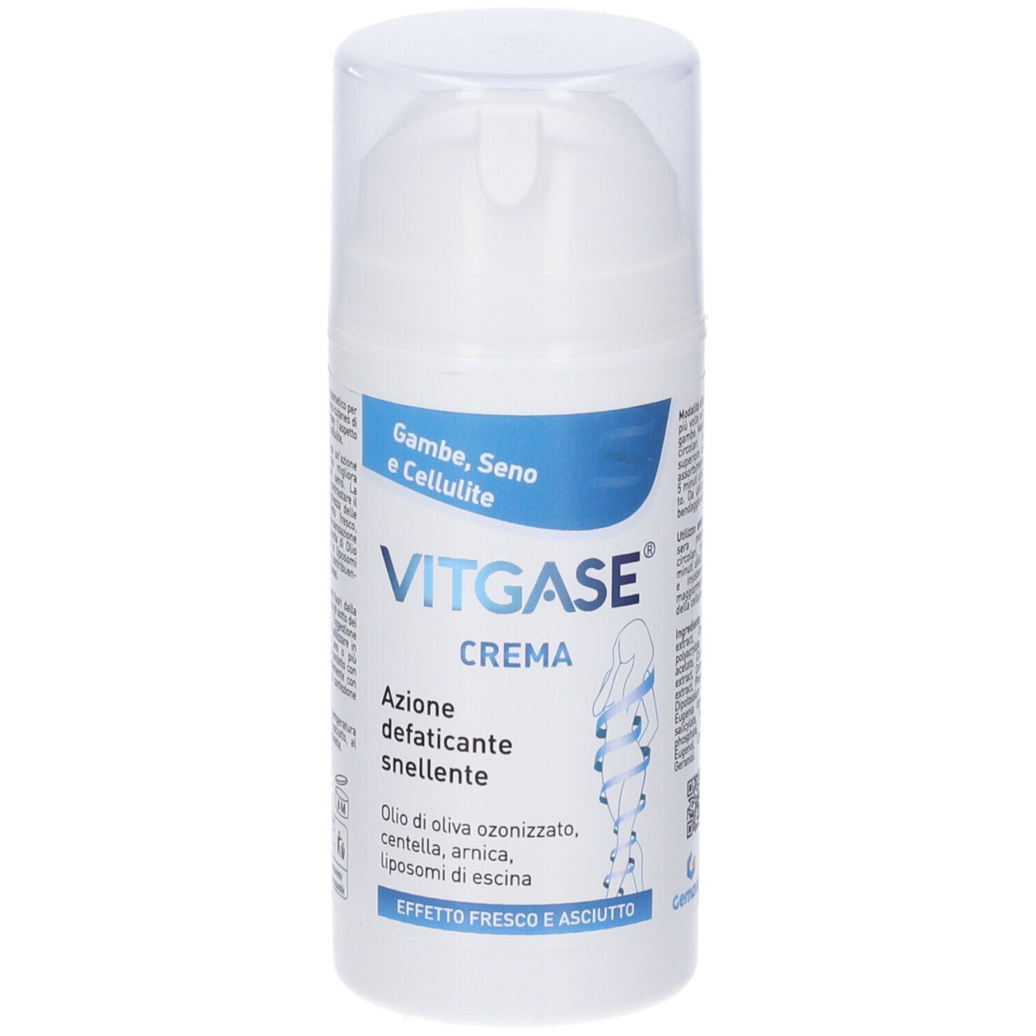 Tubo di crema bianco con testo blu. Il nome Vitgase e la parola Crema sono visibili. Con tappo trasparente.