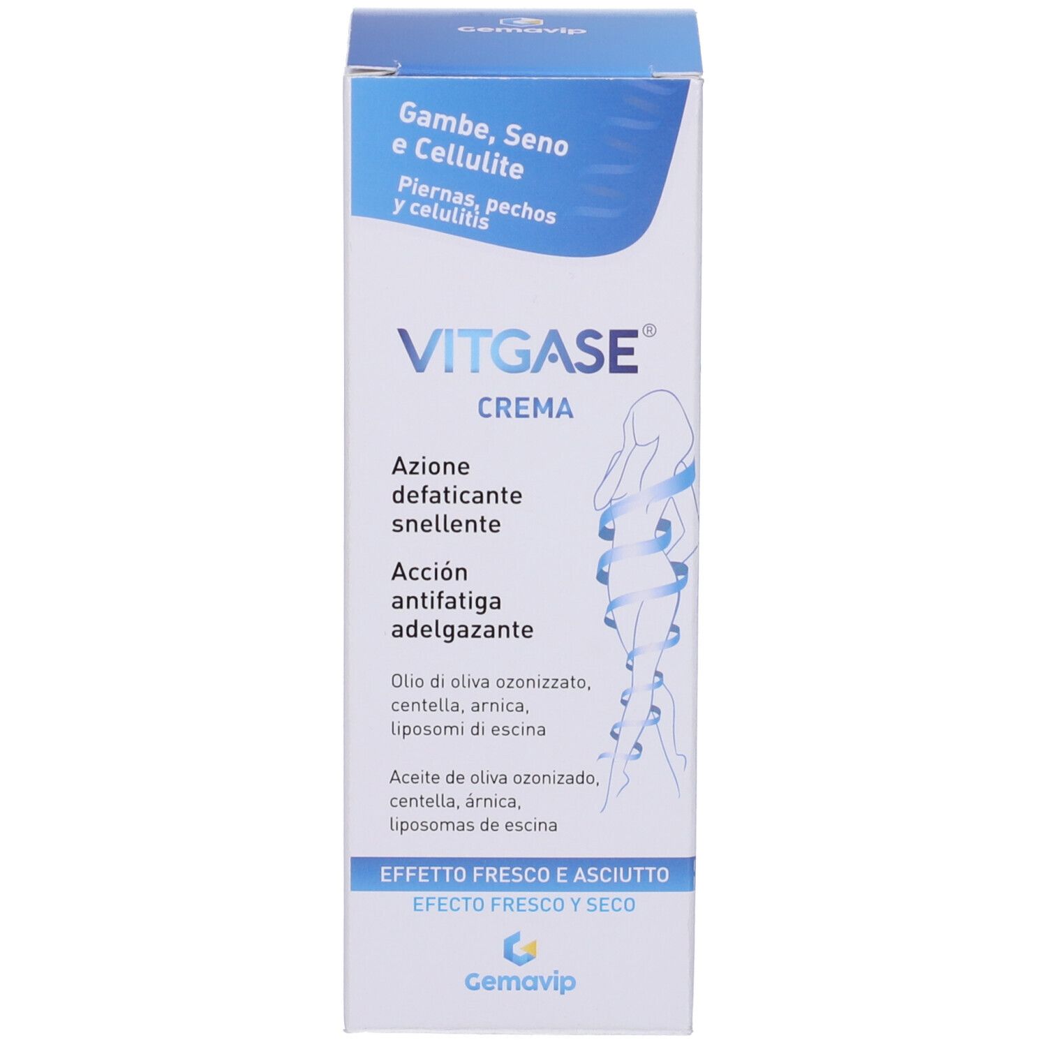 Confezione del prodotto. Il nome Vitgase e la parola Crema sono visibili. Con testo blu e bianco.