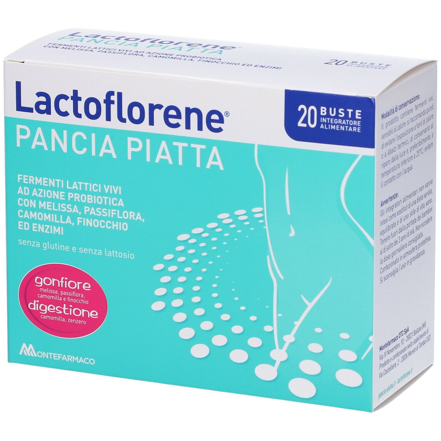 Confezione di Lactoflorene Pancia Piatta. Contiene 20 bustine. Scritta: Fermenti lattici vivi, senza glutine e lattosio.