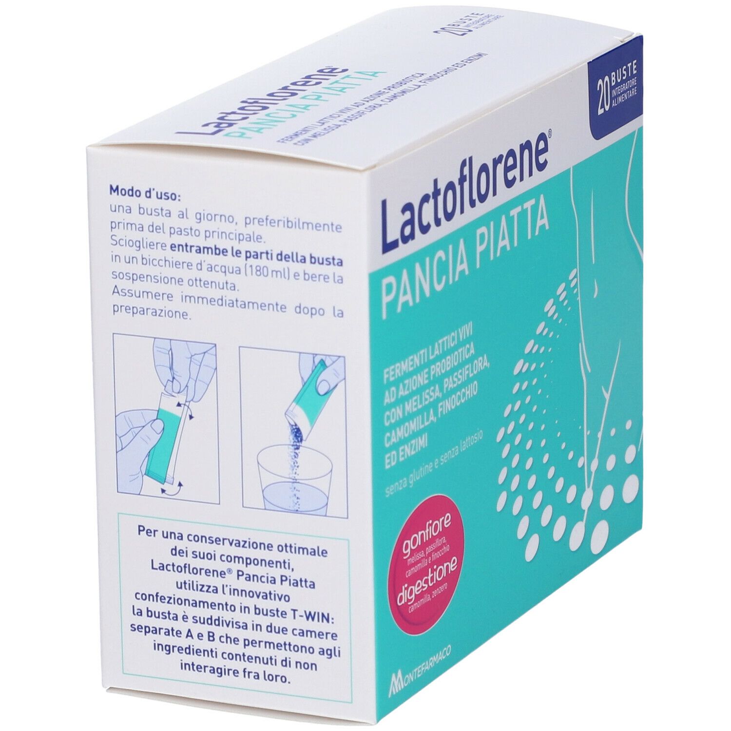 Confezione di Lactoflorene Pancia Piatta. Illustrazione della preparazione. Contiene 20 bustine. Scritta: Fermenti lattici vivi.