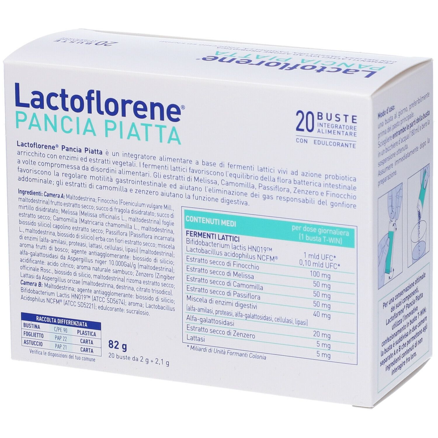 Confezione di Lactoflorene Pancia Piatta. Contiene 20 bustine. Ingredienti elencati. Scritta: Fermenti lattici vivi.