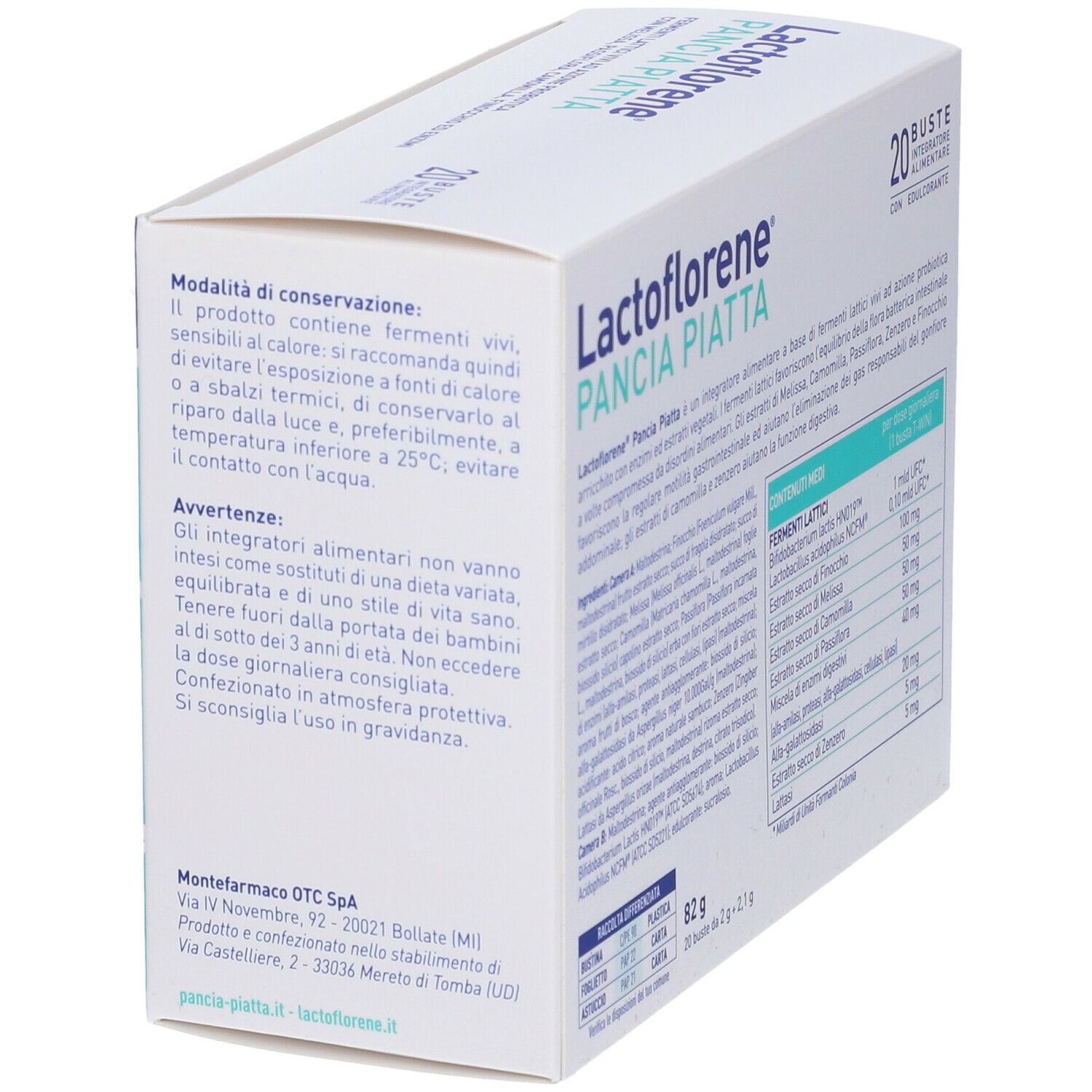 Confezione di Lactoflorene Pancia Piatta. Contiene 20 bustine. Avvertenze. Scritta: Fermenti lattici vivi.