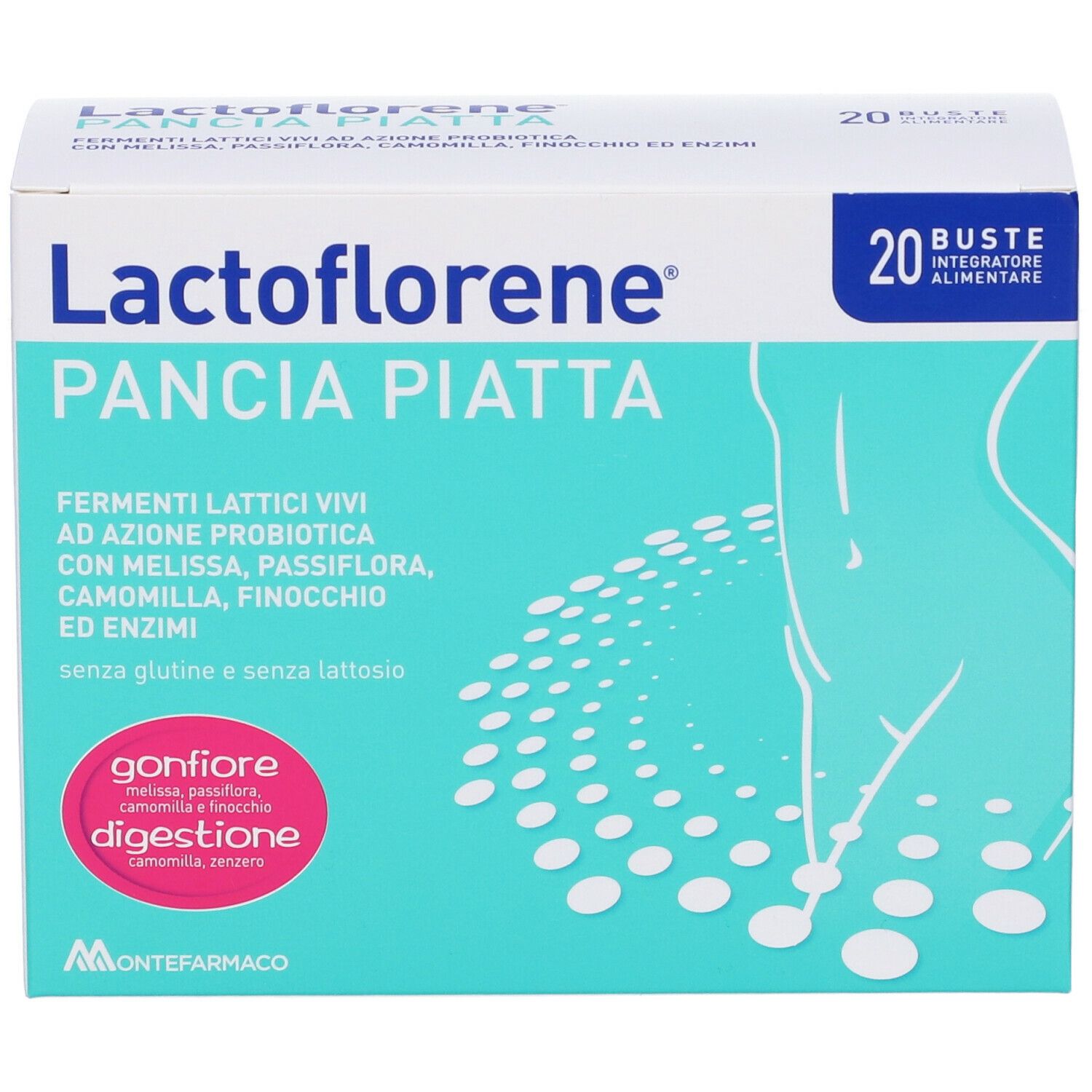Confezione di Lactoflorene Pancia Piatta. Contiene 20 bustine. Scritta: Fermenti lattici vivi, senza glutine e lattosio.