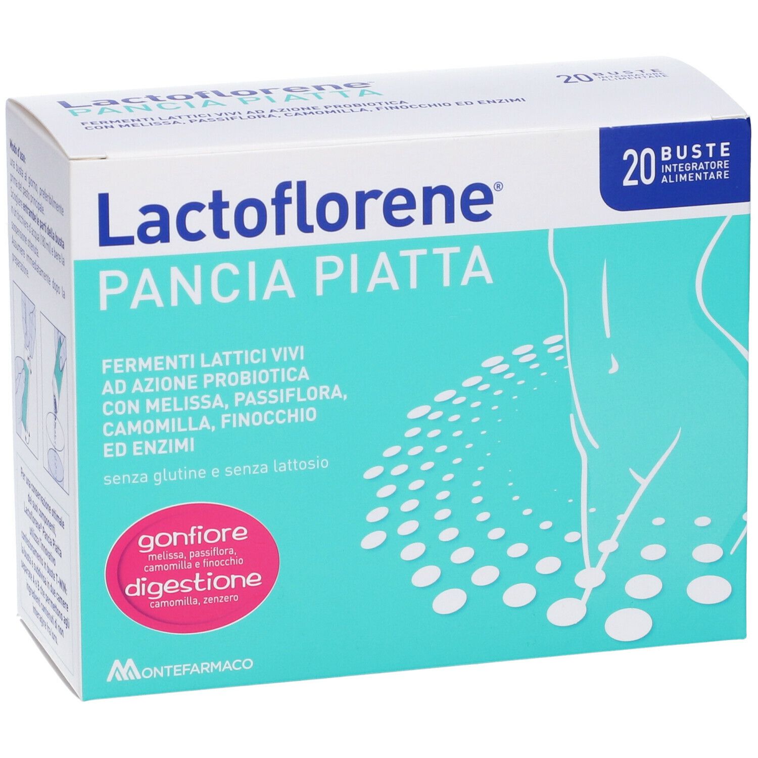 Confezione di Lactoflorene Pancia Piatta. Contiene 20 bustine. Scritta: Fermenti lattici vivi, senza glutine e lattosio.