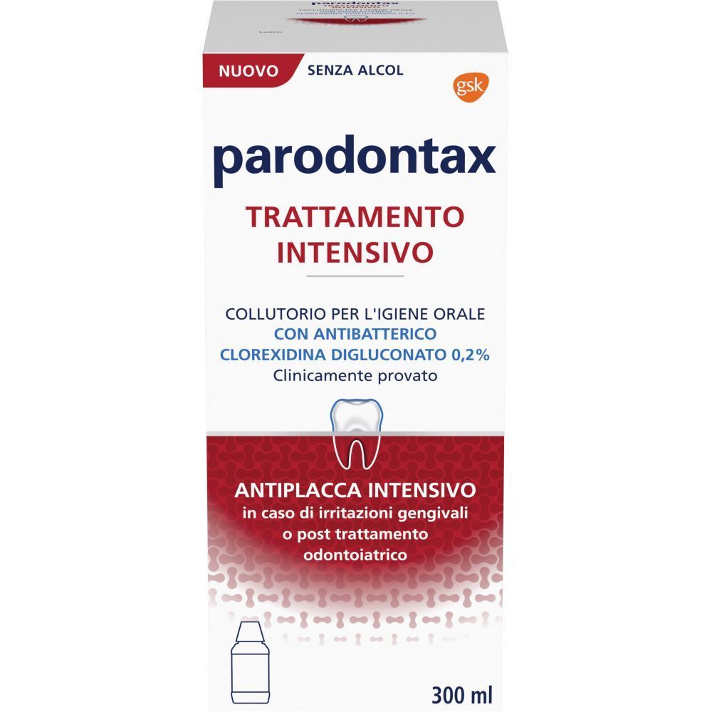 Parodontax Trattamento Intensivo Clorexidina 0,2% in confezione. Scatola bianca con testo rosso e blu. Contiene 300 ml.