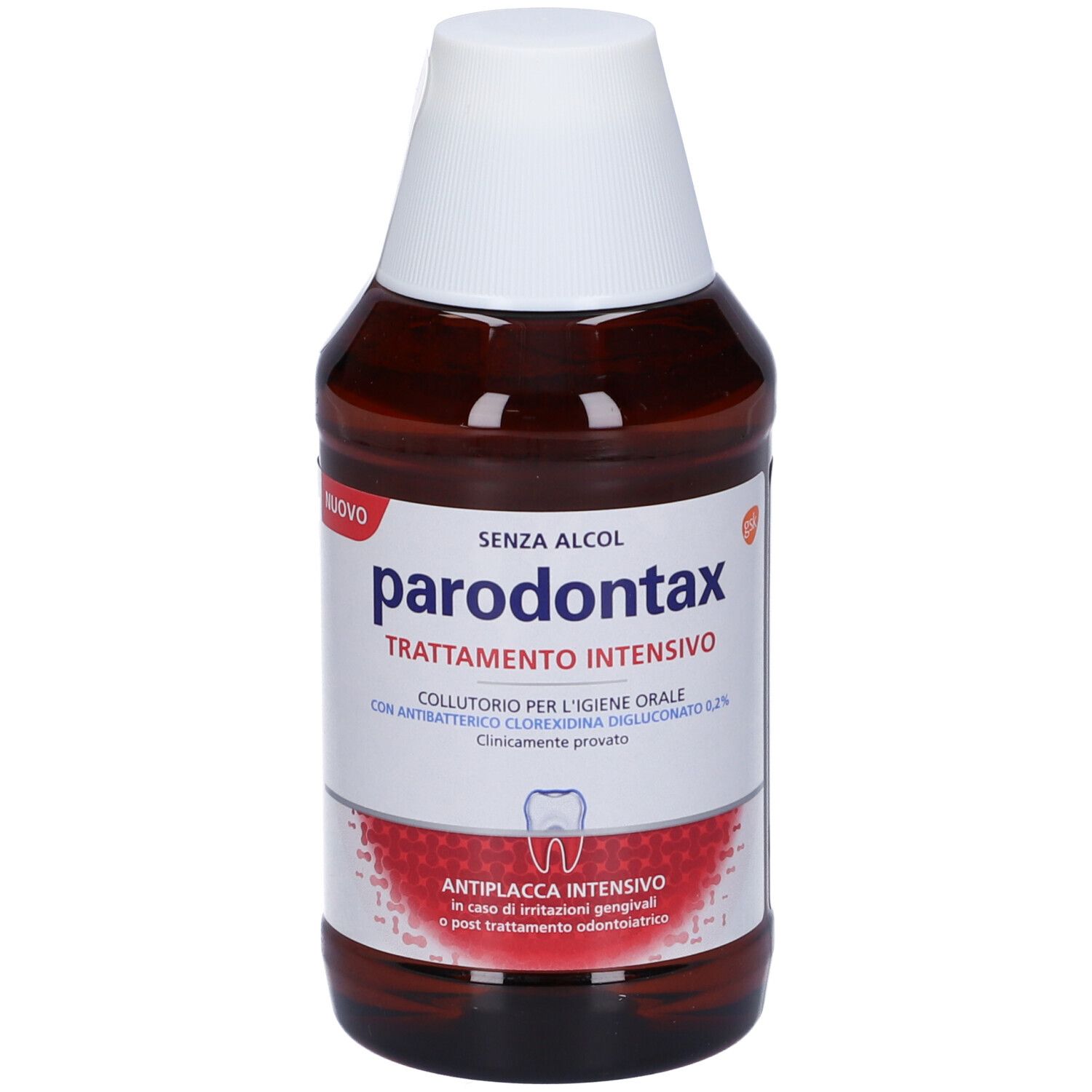 Flacone di Parodontax Trattamento Intensivo Clorexidina 0,2%. Liquido marrone in bottiglia con tappo bianco. Senza alcool.