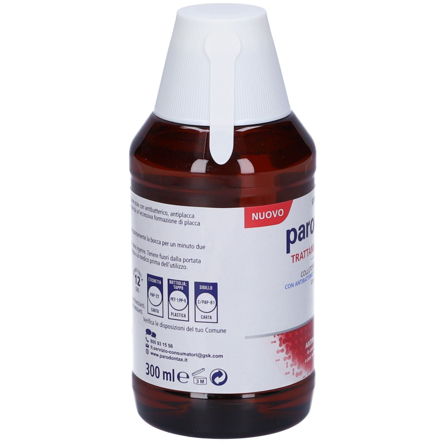 Retro del flacone di Parodontax Trattamento Intensivo Clorexidina 0,2%. Contiene informazioni e 300 ml.
