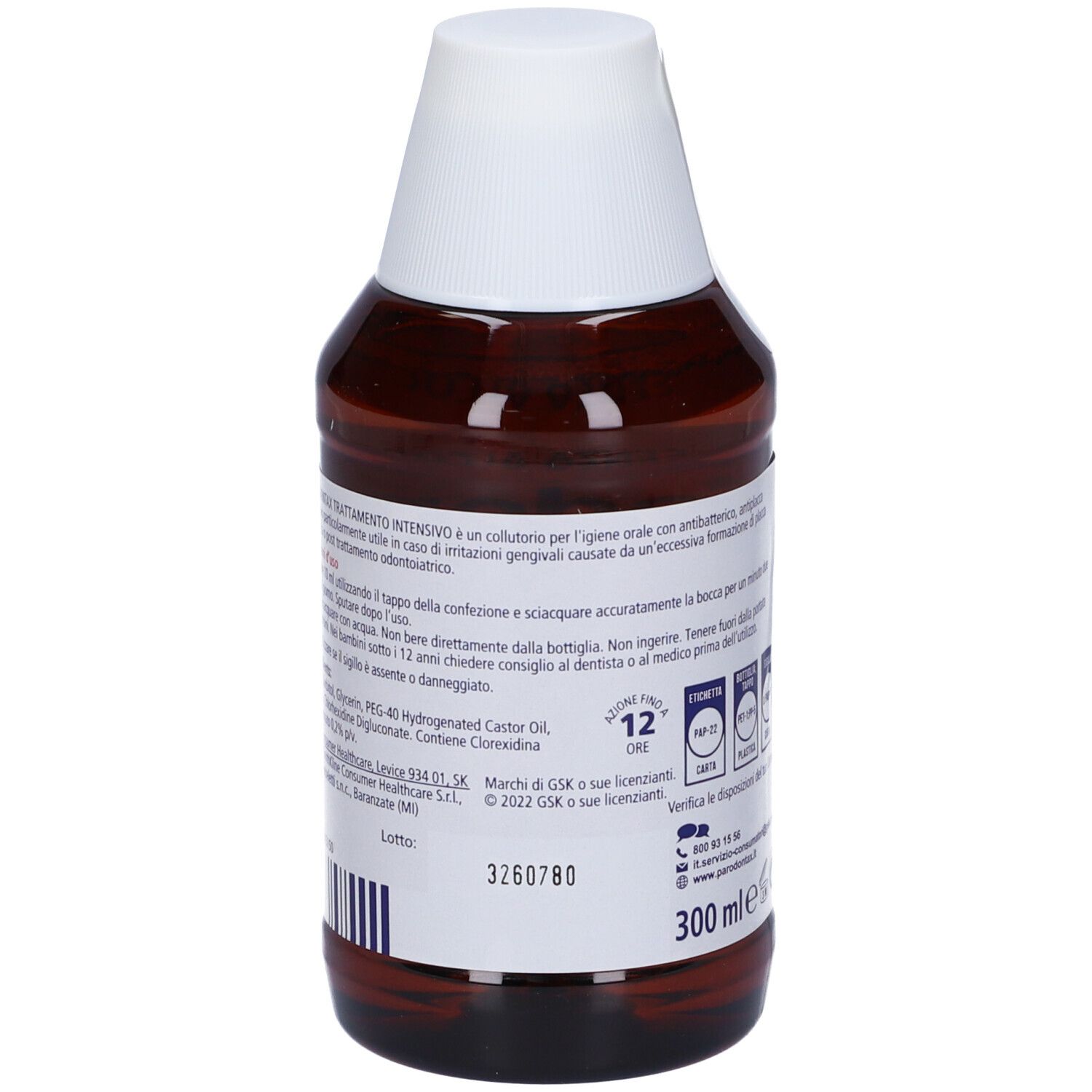 Retro del flacone di Parodontax Trattamento Intensivo Clorexidina 0,2%. Contiene informazioni e 300 ml.