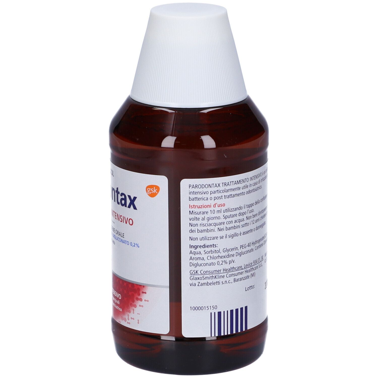 Retro del flacone di Parodontax Trattamento Intensivo Clorexidina 0,2%. Contiene informazioni e 300 ml.