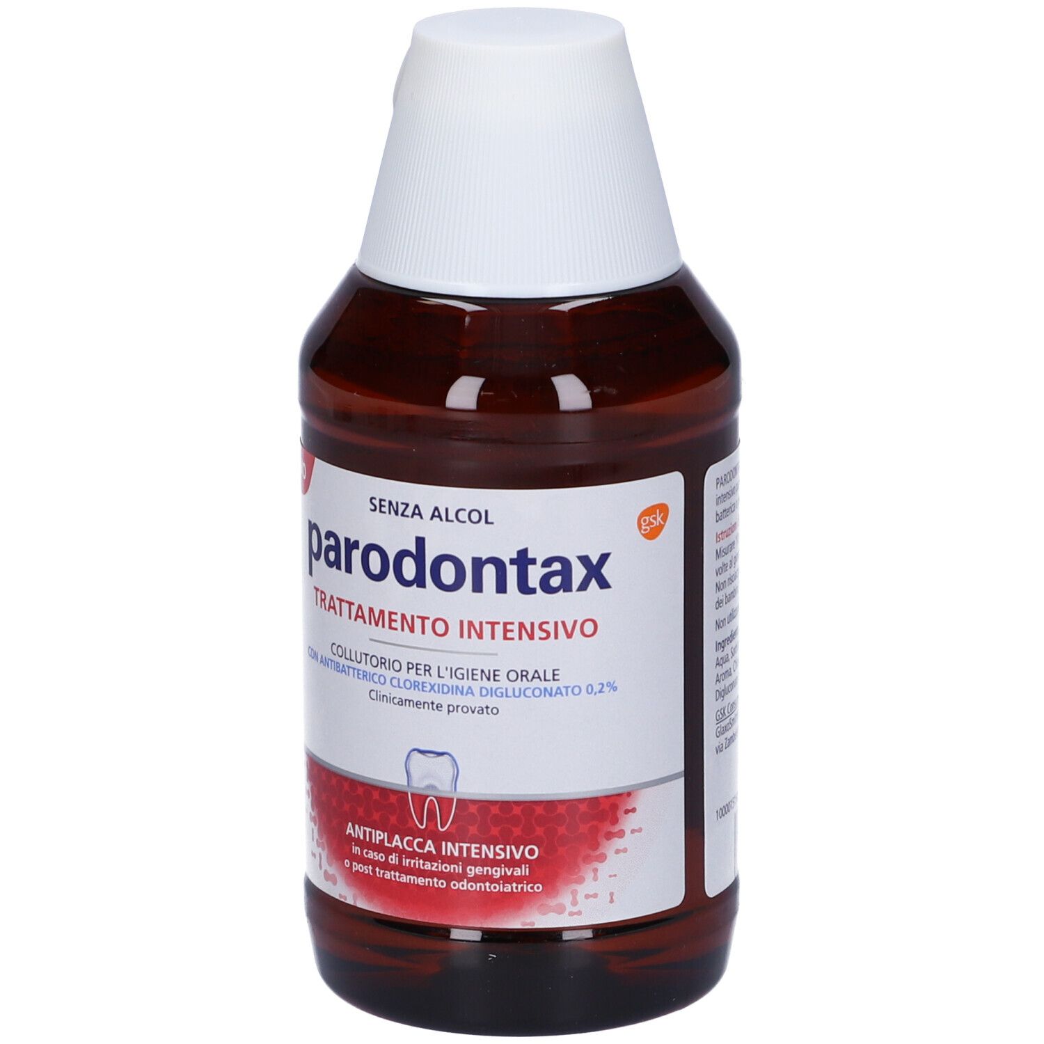 Flacone di Parodontax Trattamento Intensivo Clorexidina 0,2%. Liquido marrone in bottiglia con tappo bianco. Senza alcool.