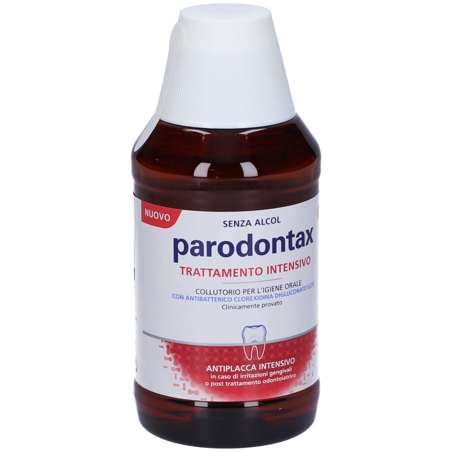 Flacone di Parodontax Trattamento Intensivo Clorexidina 0,2%. Liquido marrone in bottiglia con tappo bianco. Senza alcool.