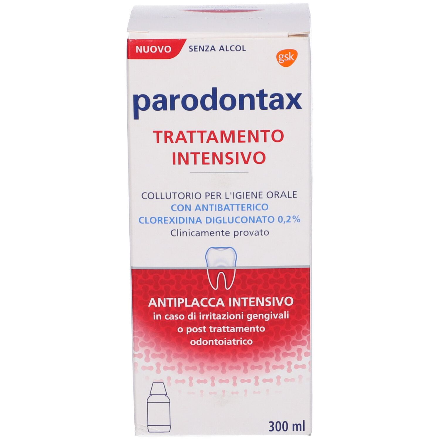 Confezione di Parodontax Trattamento Intensivo Clorexidina 0,2%. Scatola bianca con testo rosso e blu. Contiene 300 ml.