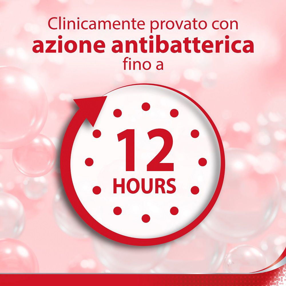 Kreisförmige Darstellung mit Text: Clinicamente provato con azione antibatterica fino a 12 HOURS. Roter Pfeil.