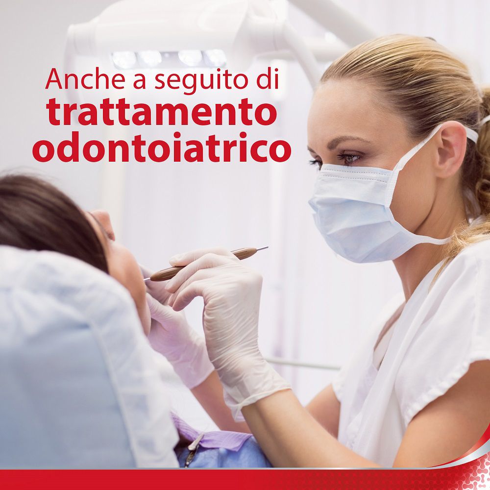 Zahnarzt behandelt Patientin. Text: Anche a seguito di trattamento odontoiatrico.