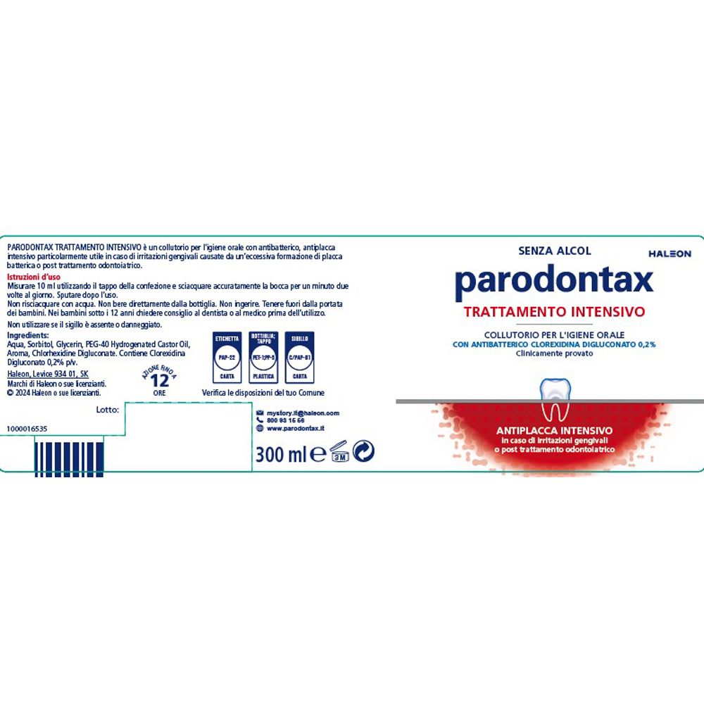 Produktetikett mit Text. Aufschrift: Parodontax, Trattamento Intensivo. Enthält Clorexidina Digluconato 0,2%.
