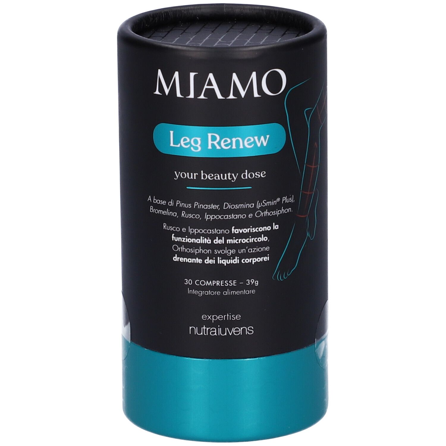 Confezione cilindrica con informazioni sul prodotto. Scritta: Miamo Leg Renew. Contiene 30 compresse. Confezione turchese e nera.