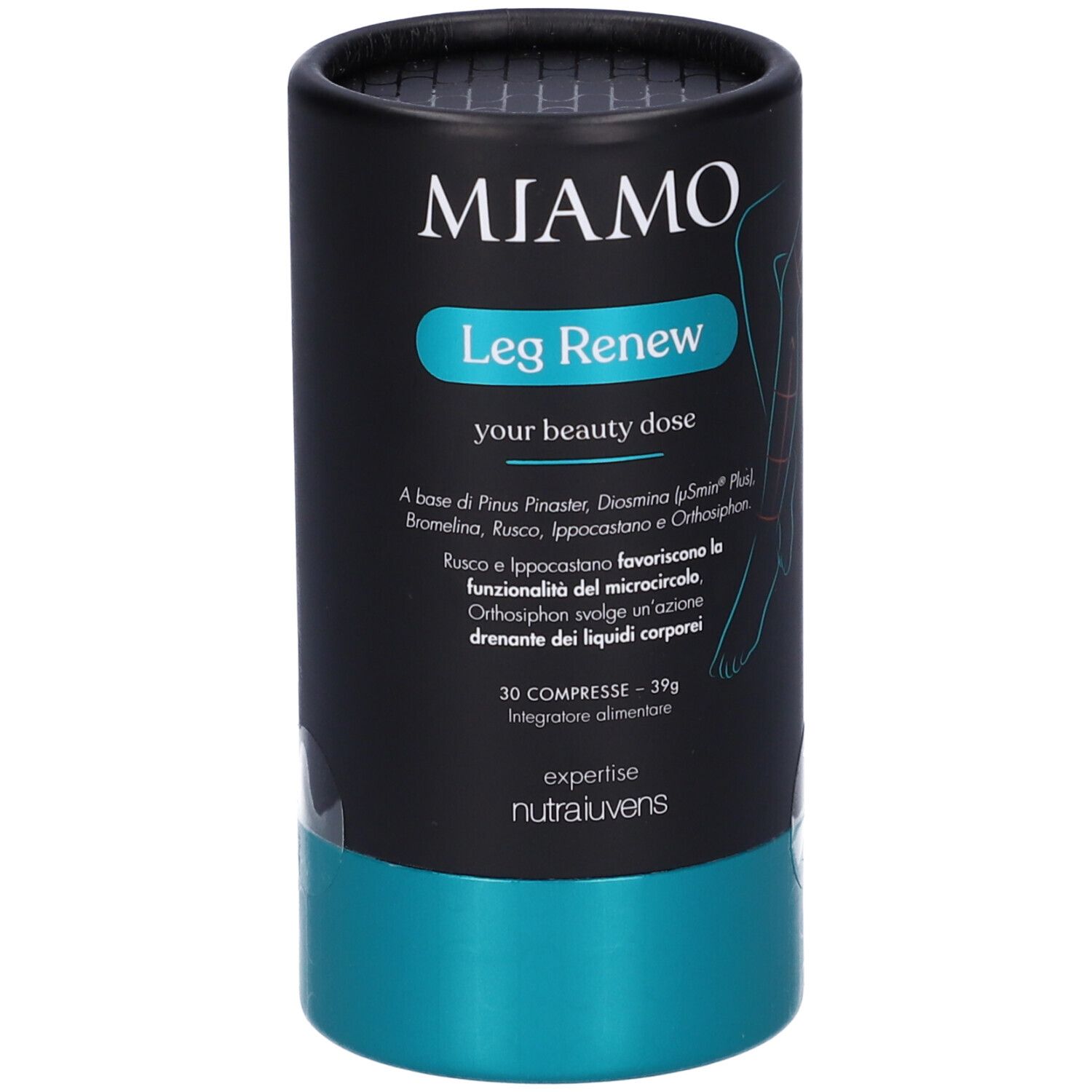 Confezione cilindrica con informazioni sul prodotto. Scritta: Miamo Leg Renew. Contiene 30 compresse. Confezione turchese e nera.
