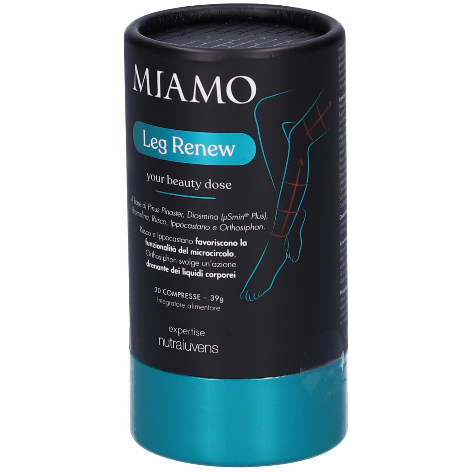 Confezione cilindrica con informazioni sul prodotto. Scritta: Miamo Leg Renew. Contiene 30 compresse. Confezione turchese e nera.