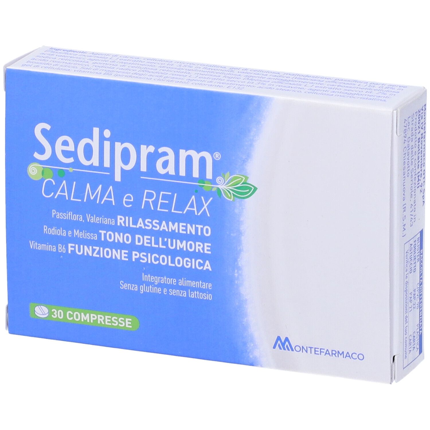 Scatola blu e bianca con logo "Sedipram Calma e Relax Compresse" e 30 compresse. Logo Montefarmaco.
