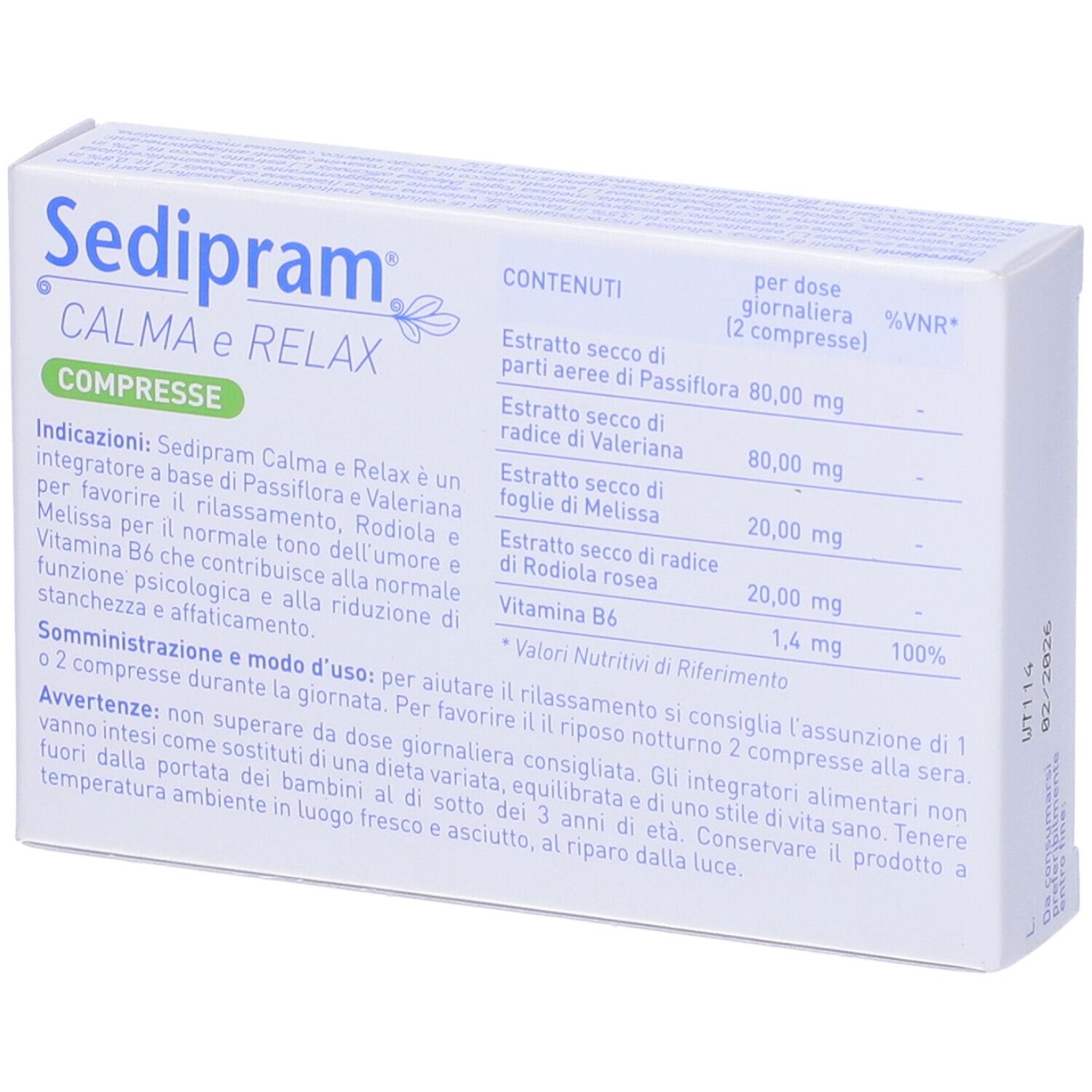 Retro della scatola "Sedipram Calma e Relax Compresse" con ingredienti e informazioni nutrizionali.