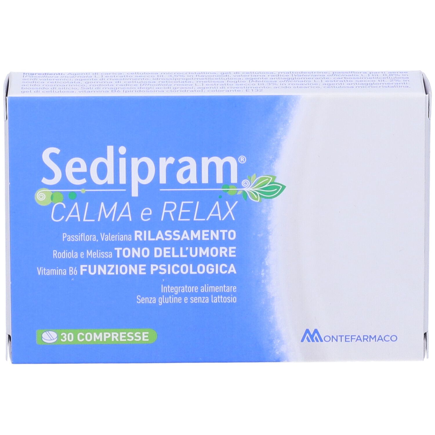 Scatola blu e bianca "Sedipram Calma e Relax Compresse" con informazioni sul prodotto e 30 compresse.