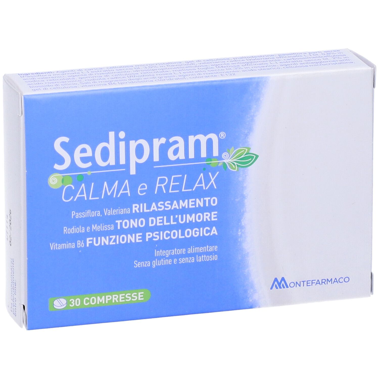 Scatola blu e bianca "Sedipram Calma e Relax Compresse" con informazioni sul prodotto e logo Montefarmaco.