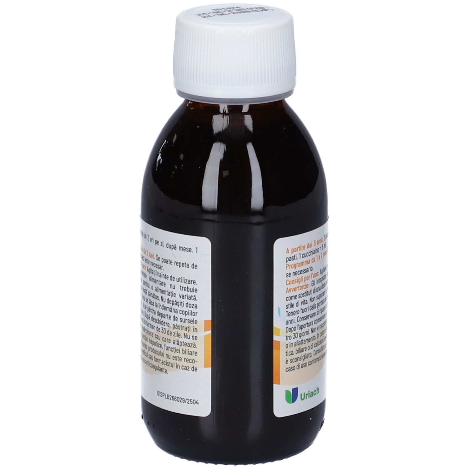 Braune Flüssigkeit in einer Flasche mit weißem Deckel. Rückseite der Flasche mit Text.