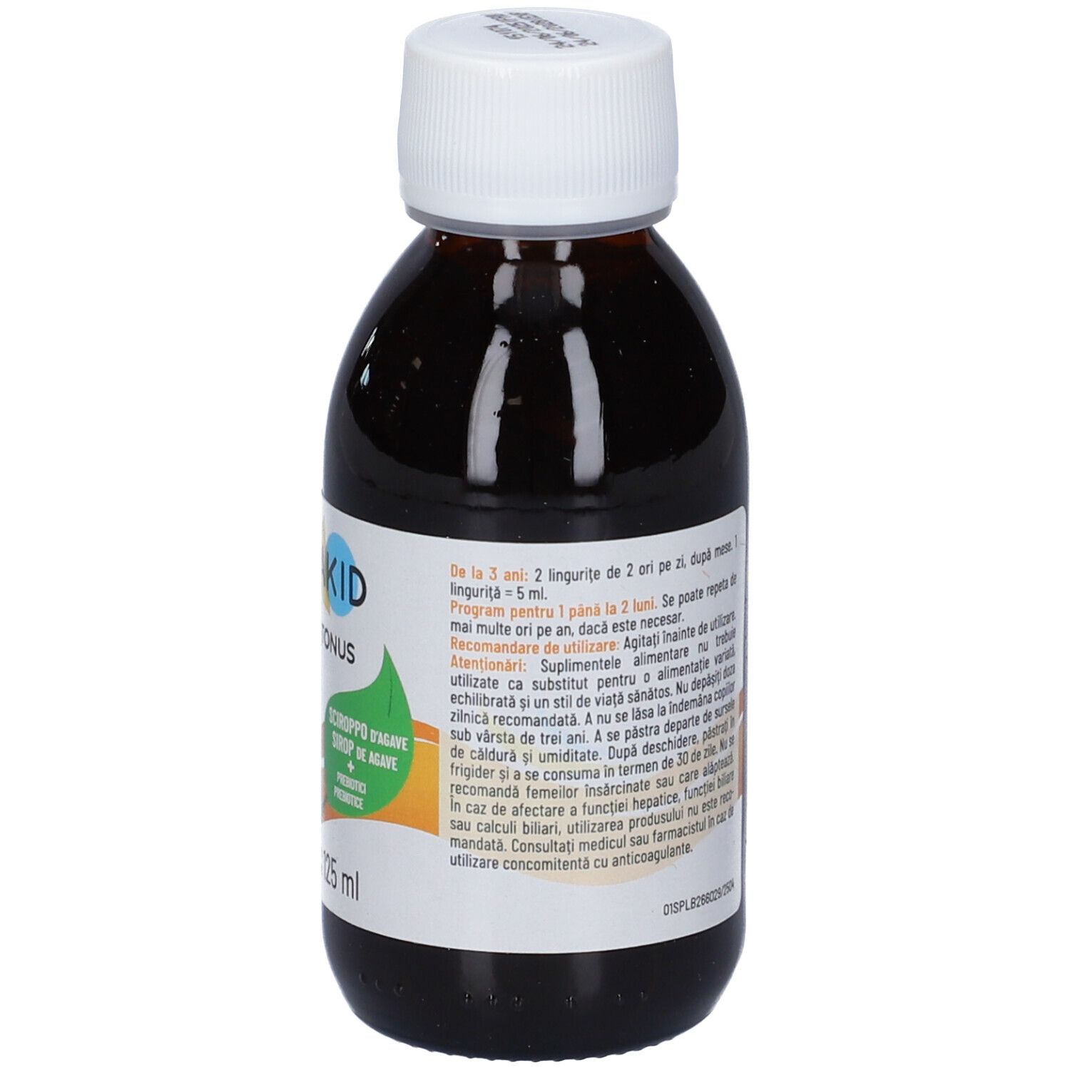 Braune Flüssigkeit in einer Flasche mit weißem Deckel. Rückseite der Flasche mit Text.