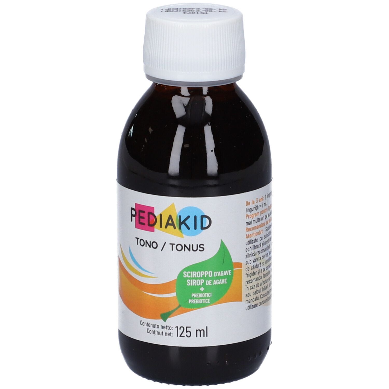 Braune Flüssigkeit in einer Flasche mit weißem Deckel. Aufkleber mit Produktnamen Pediakid Tono/Tonus.