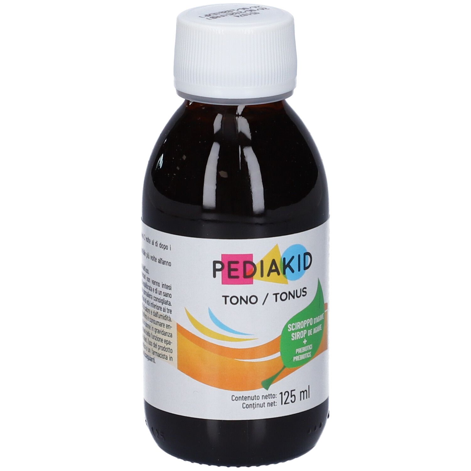 Braune Flüssigkeit in einer Flasche mit weißem Deckel. Aufkleber mit Produktnamen Pediakid Tono/Tonus.