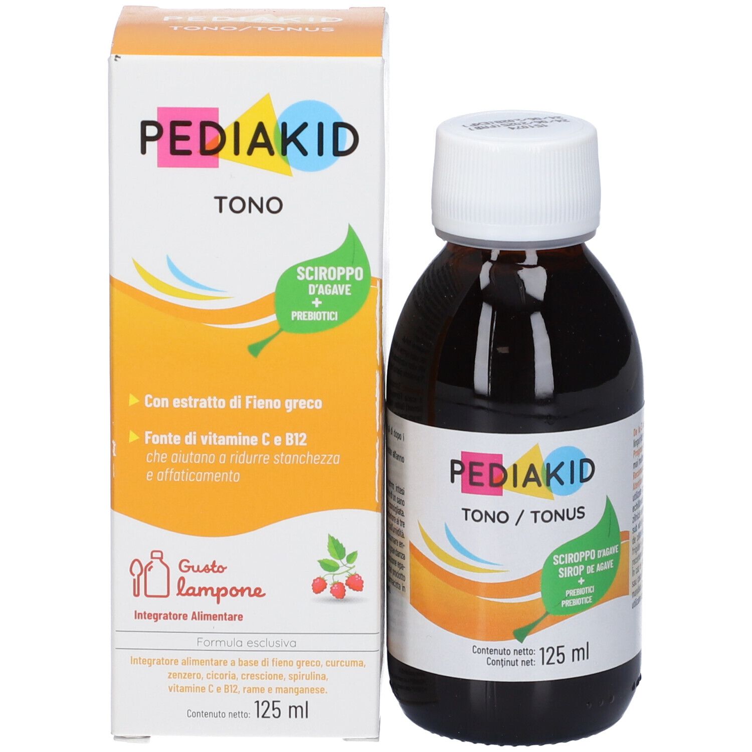 Flasche und Schachtel. Auf der Schachtel steht Pediakid Tono. Flasche mit brauner Flüssigkeit.