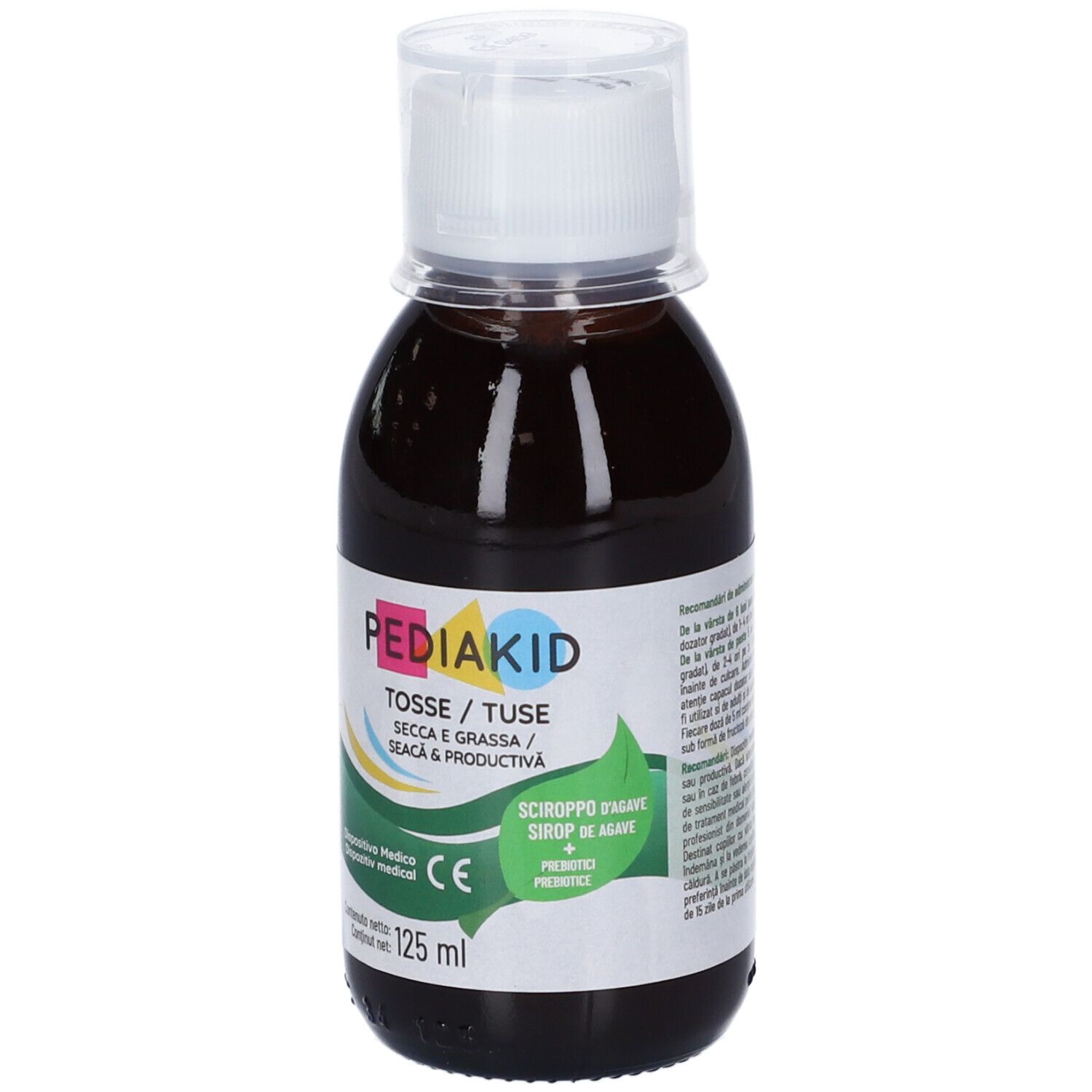 Flasche mit brauner Flüssigkeit und weißem Deckel. Aufschrift: Pediakid, Tosse/Tuse, Secca e Grassa/Seacă & Productivă. 125 ml.