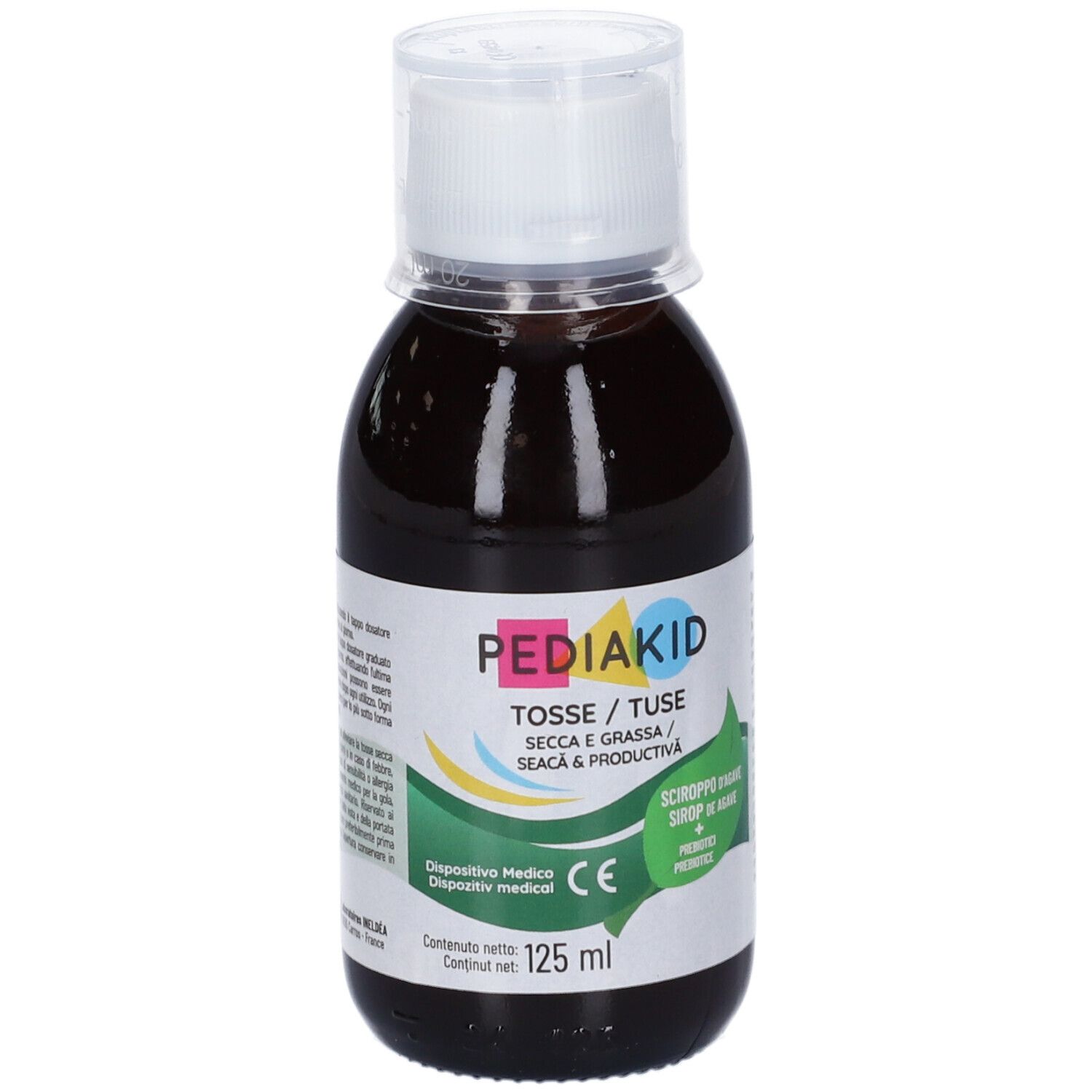 Flasche mit brauner Flüssigkeit und weißem Deckel. Aufschrift: Pediakid, Tosse/Tuse, Secca e Grassa/Seacă & Productivă. 125 ml.