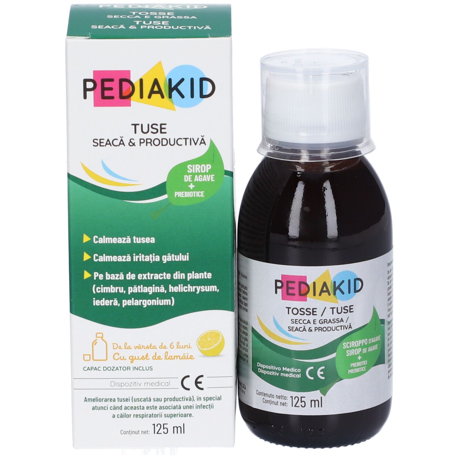 Flasche und Schachtel. Aufschrift: Pediakid, Tuse/Tosse, Seacă & Productivă/Secca & Grassa. 125 ml. Mit Dosierkappe.