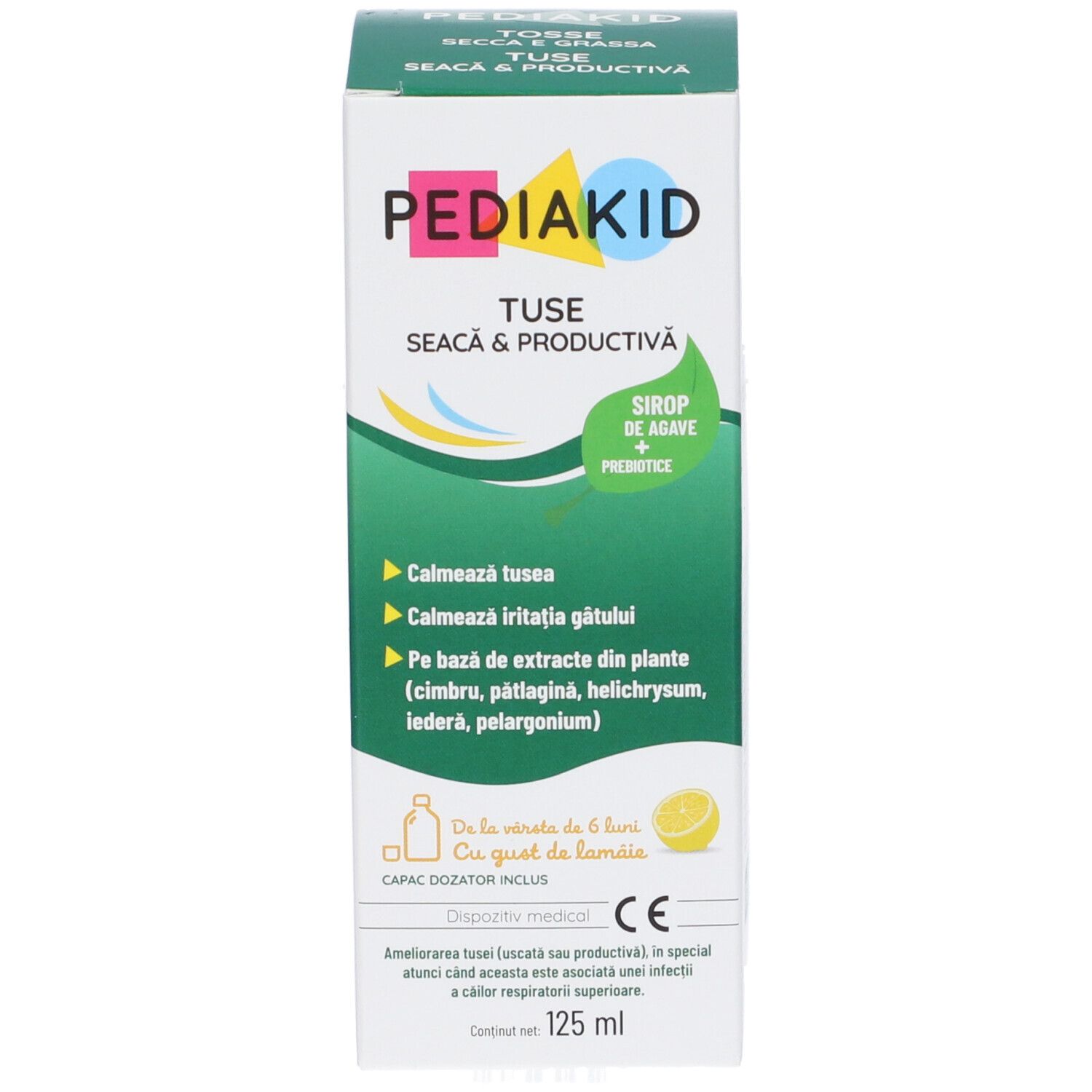 Schachtel. Aufschrift: Pediakid, Tuse/Tosse, Seacă & Productivă/Secca & Grassa. 125 ml. Mit Dosierkappe.