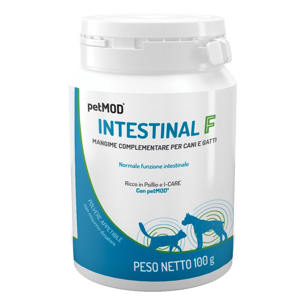 Prodotto bianco 'Intestinal F' per cani e gatti. Silhouette di gatto e cane. 'Peso Netto 100 g'.