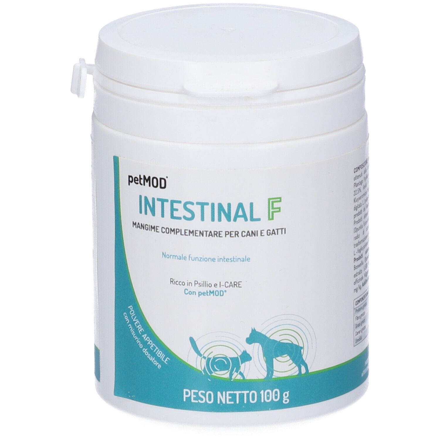 Prodotto bianco 'Intestinal F' per cani e gatti. Silhouette di gatto e cane. 'Peso Netto 100 g'.