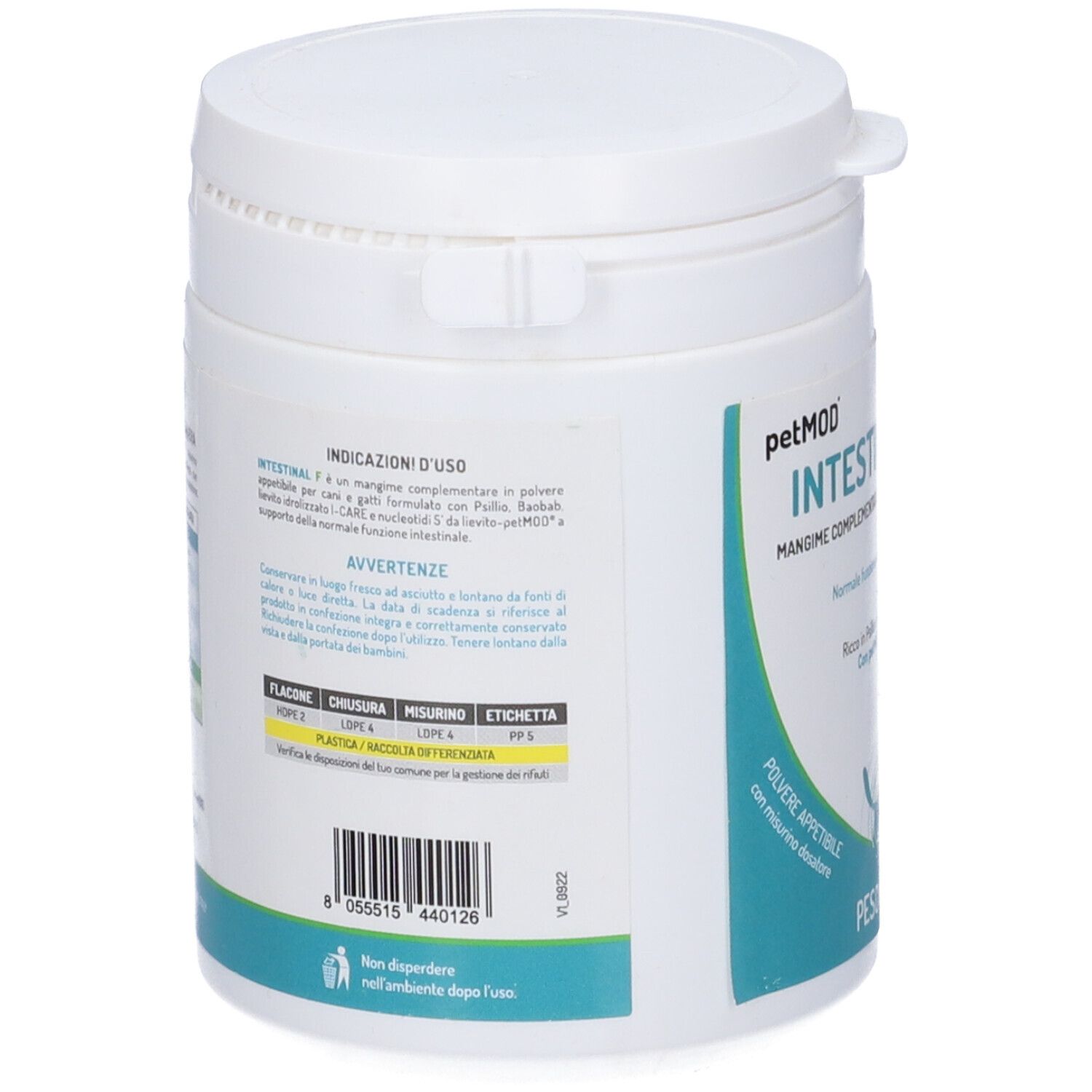 Prodotto bianco 'Intestinal F' per cani e gatti. Silhouette di gatto e cane. 'Peso Netto 100 g'.