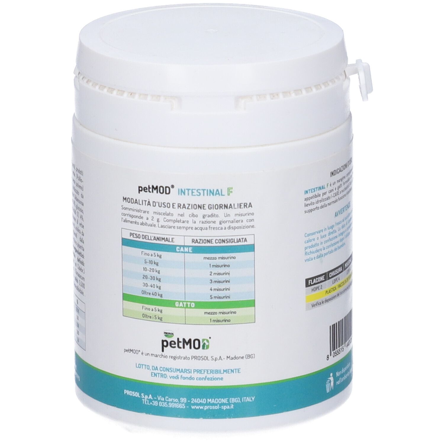 Prodotto bianco 'Intestinal F' per cani e gatti. Retro con testo e tabella. 'Peso Netto 100 g'.