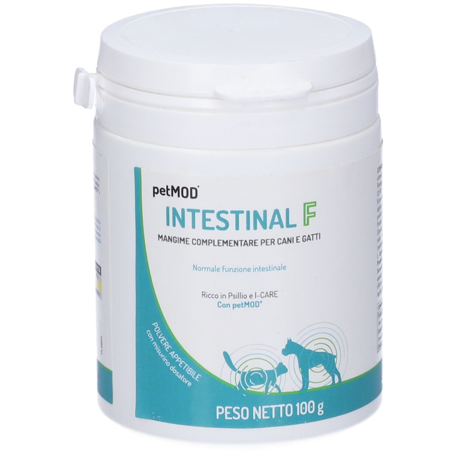 Prodotto bianco 'Intestinal F' per cani e gatti. Retro con testo e tabella. 'Peso Netto 100 g'.
