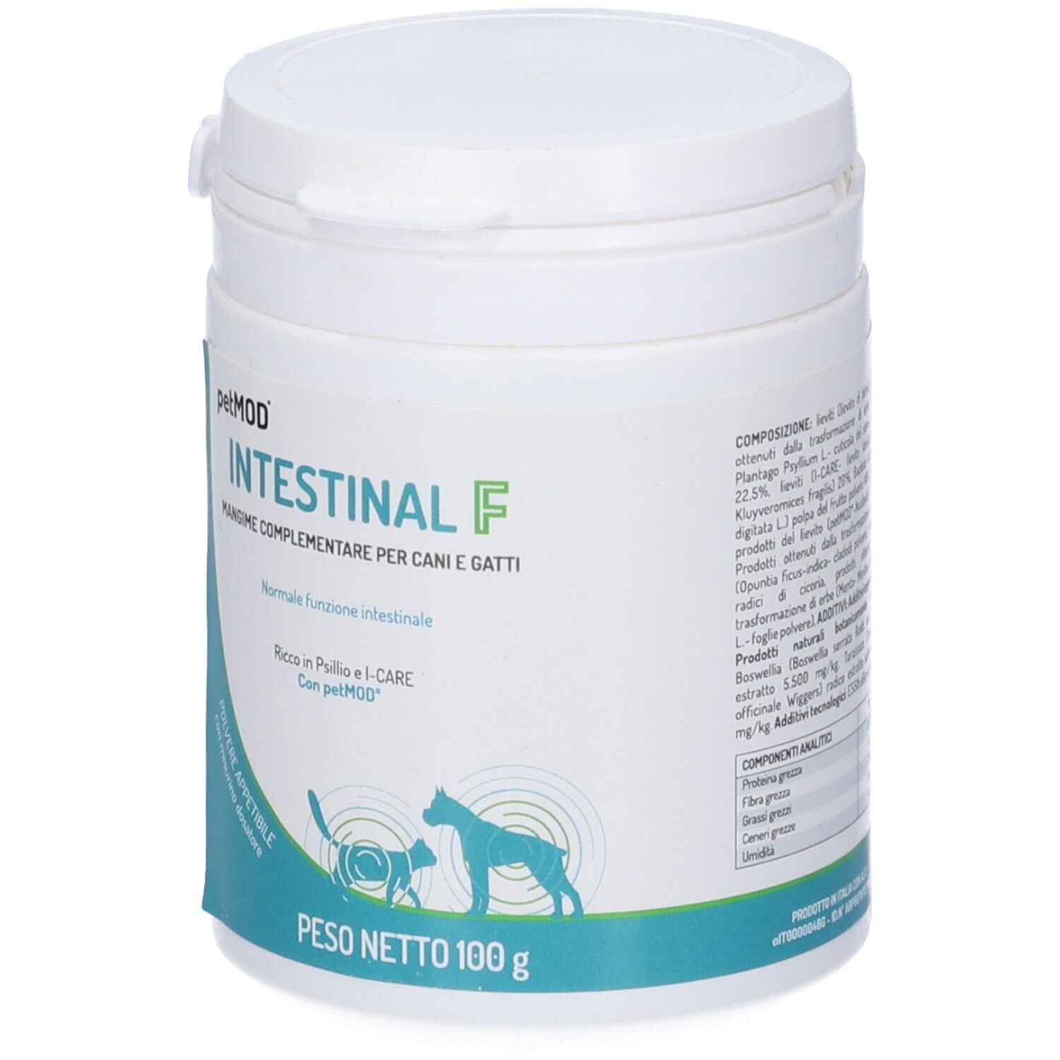 Prodotto bianco 'Intestinal F' per cani e gatti. Silhouette di gatto e cane. 'Peso Netto 100 g'.